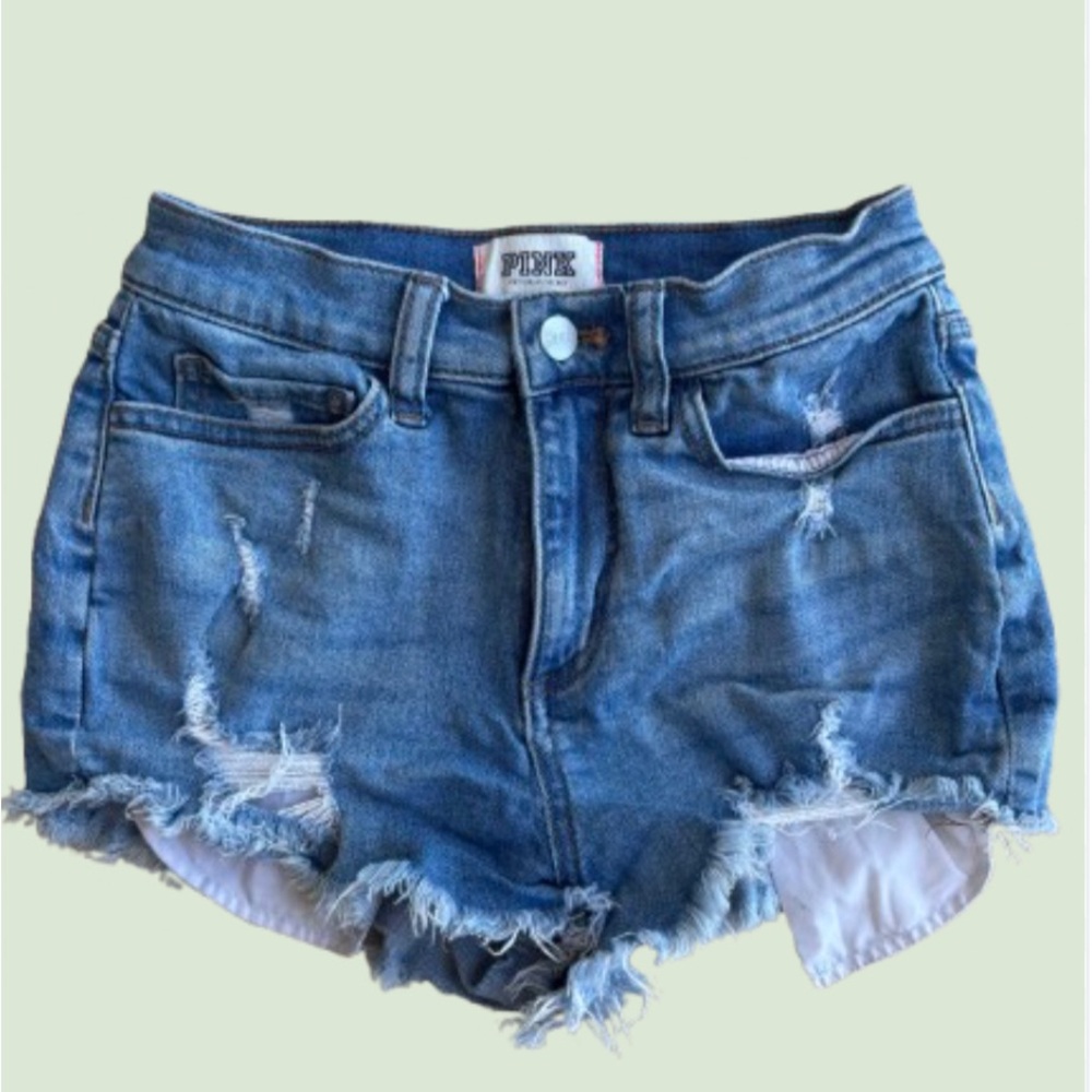 PINK Victoria's Secret Blue Jean Shorts Distressed Frayed Hem